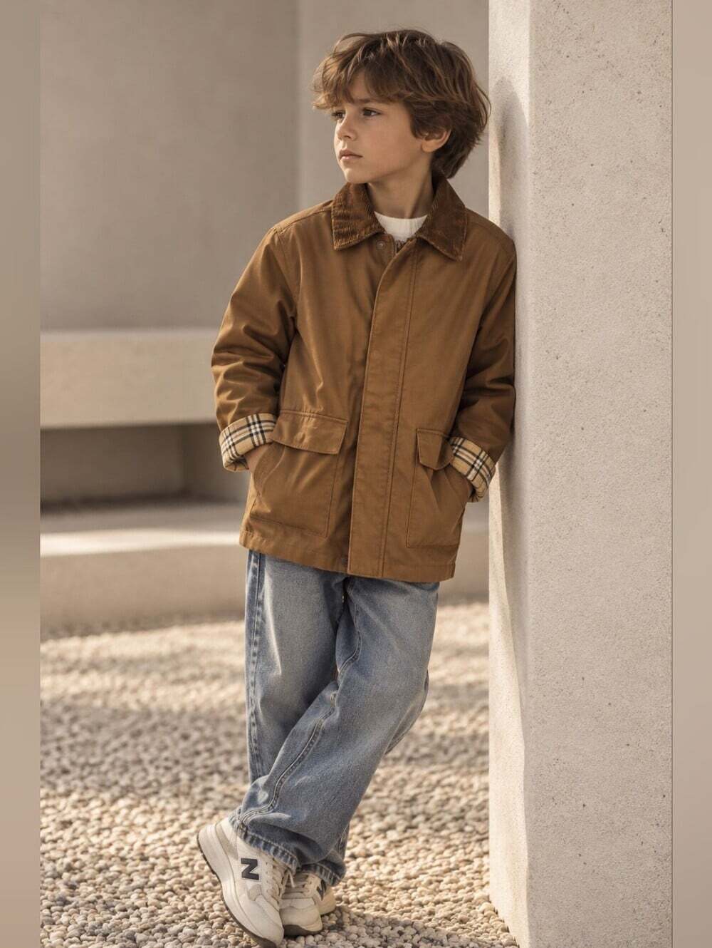 Uniqlo Kids Brown Barn Chore Jacket Corduroy Collar Plaid Lined 9-10Y Utility